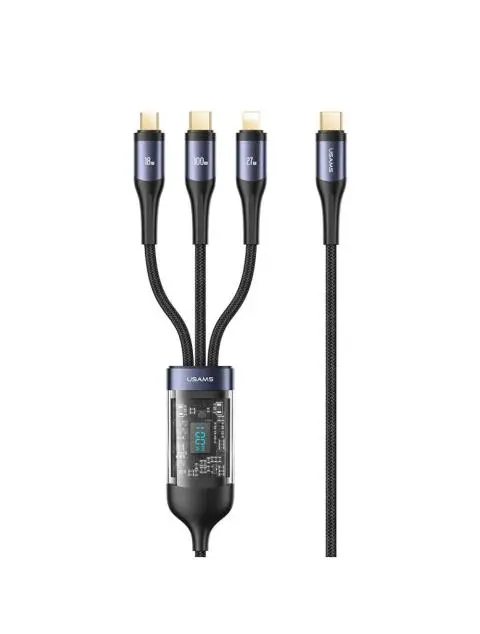 Câble Tressé 3 en 1 Affichage Numérique Transparant (Micro USB + Type-C +  pour iPhone) 100W (1,2m) Usams US-SJ600 U83 Noir
