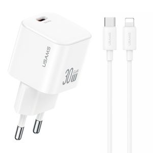 Kit Chargeur Rapide GaN 30W + Câble iPhone (1m) - Usams JO Series - Blanc