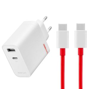 Kit Chargeur Rapide OnePlus SUPERVOOC 80W GaN Double Port (USB-A + USB-C) OSAB7CF3AE + Câble USB-C vers USB-C Blanc