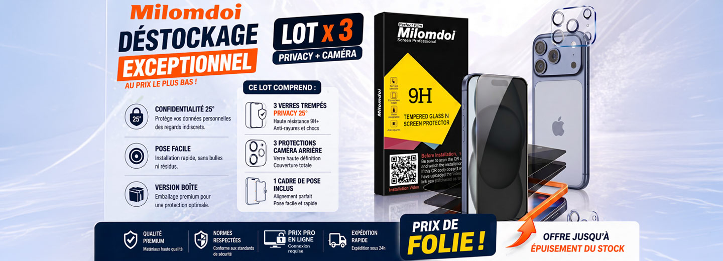 Vitre cache caméra + Verre Trempé iPhone 17 Privacy Milomdoi